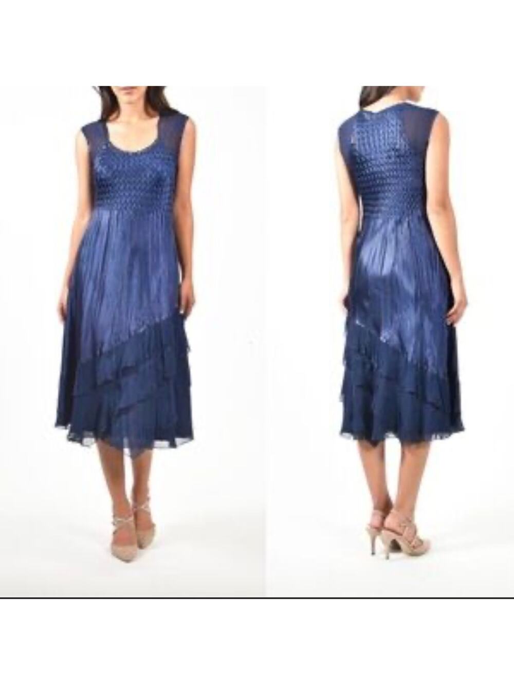 NWOT: KOMAROV Chiffon & Charmeuse Tiered Midnight Navy Midi Dress Size L
